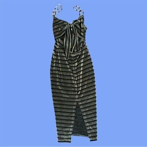 Lush Spaghetti Strap Dress Black Gold & Silver Glittery Stripes
